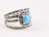 Zware opengewerkte zilveren ring met blauwe turkoois en marcasiet - maat 18.5