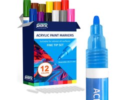 foto van QBIX Acrylstiften - Verfstiften set van 12 Kleuren - Deze acrylmarkers zijn geschikt voor alle ondergronden - 2-4mm
