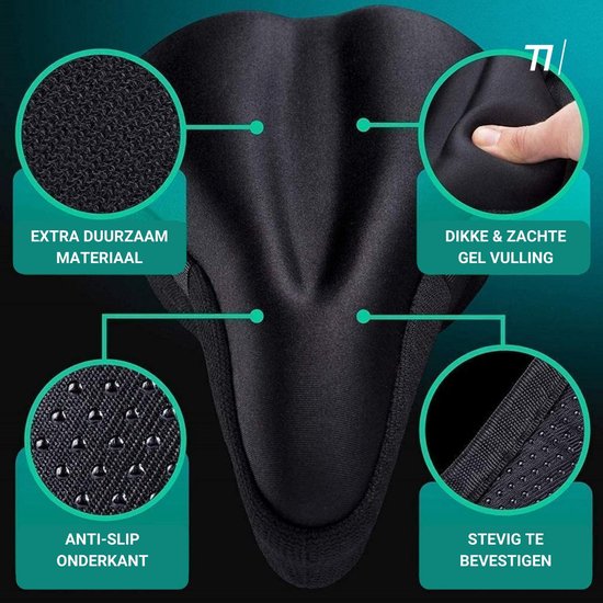 Zwart fietszadel met details: extra duurzaam materiaal, dikke gelvulling, anti-slip onderkant, stevig te bevestigen.