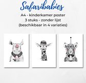 Safaribabies A4 poster - Neushoorn, Giraffe, Tijger - Poster kinderkamer of babykamer - Baby kado - Design posters - Babyshower - Lief - Leuk - Dieren - Kaartje met een Staartje