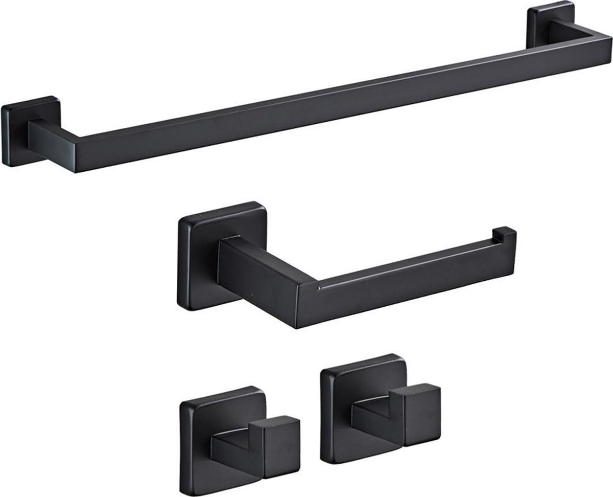Badkamer accessoires - Badkameraccessoiresets 4-delig met Handdoekrek, WC Rolhouder en Handdoekhaakjes (2x) - RVS - Zwart