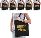 Pakket Vrijgezellenfeest vrouw tasjes/ goodiebag - 1x Bride to Be zwart goud + 5x Bride Squad zwart goud - Vrijgezellen dames