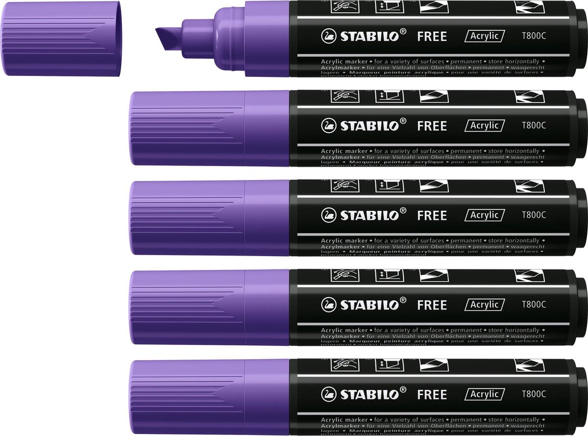 STABILO FREE - Acryl Marker - T800C - Schuine Punt - 4-10 mm - Paars - Doos 5 stuks