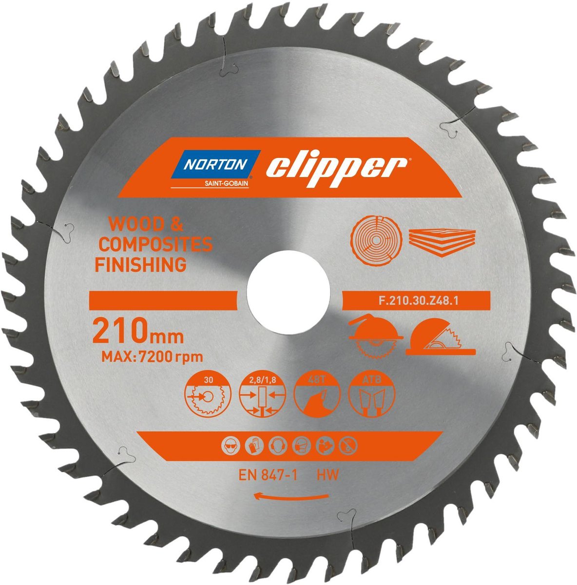 Norton Clipper Hout en Composiet - Zaagblad ATB Finishing - 210mm - 48 tanden - Voor Cirkelzagen en Afkortzagen