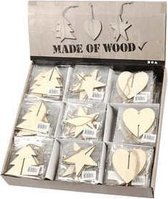 3D decoraties van hout, hart, ster en boom, afm 7,5x7,5x0,2 cm, 3x30 stuk/ 1 doos