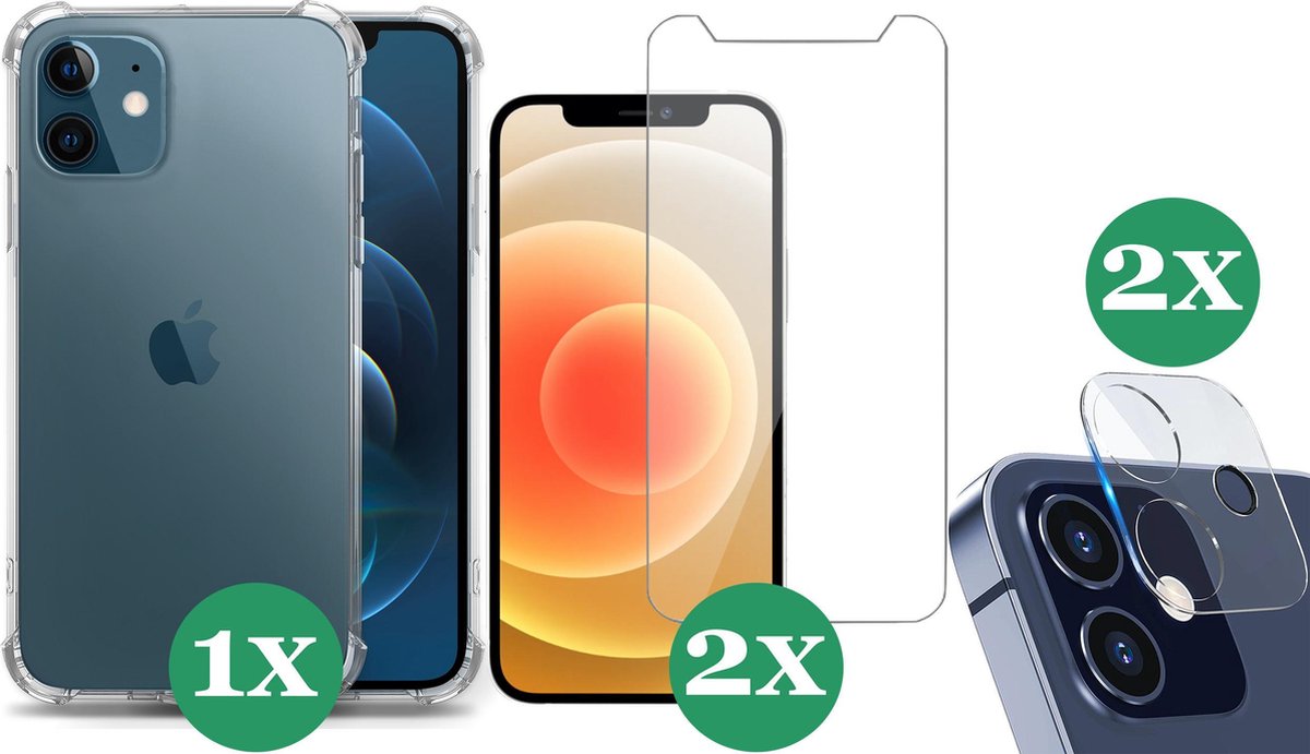 Hoesje geschikt voor iPhone 12 Transparant Shock Case - 2x Screenprotector Glas + 2x Camera Screen Protector