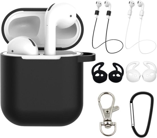 Studio Air® Airpods Hoesje Siliconen Case - Luxe Set met 7 items - Soepel Airpod Hoesje - Zwart - Voor Airpods 1 en 2
