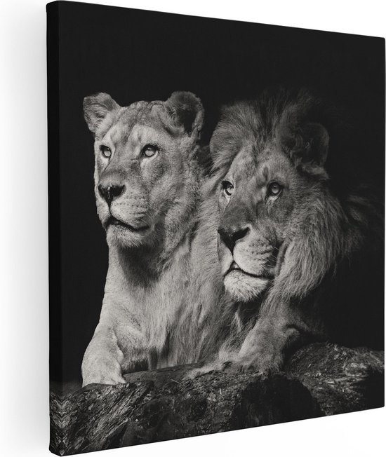Artaza Canvas Schilderij Leeuw En Leeuwin - Zwart Wit - 60x60 - Foto Op Canvas - Canvas Print