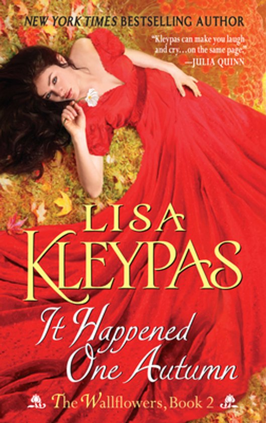Une femme en robe rouge allongée au sol, entourée de feuilles. "It Happened One Autumn" par Lisa Kleypas.