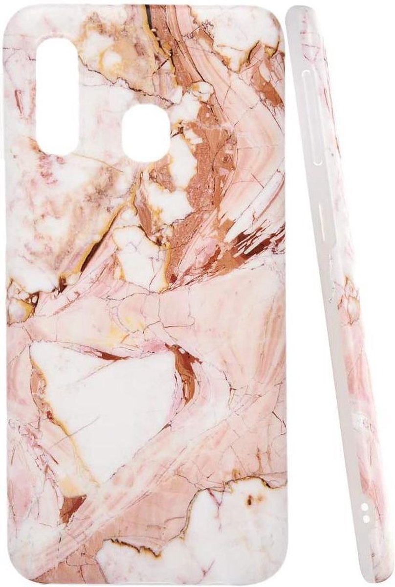 Geschikt voor Samsung Galaxy A40 hoesje - Roze / Wit- Marmer - Soft TPU