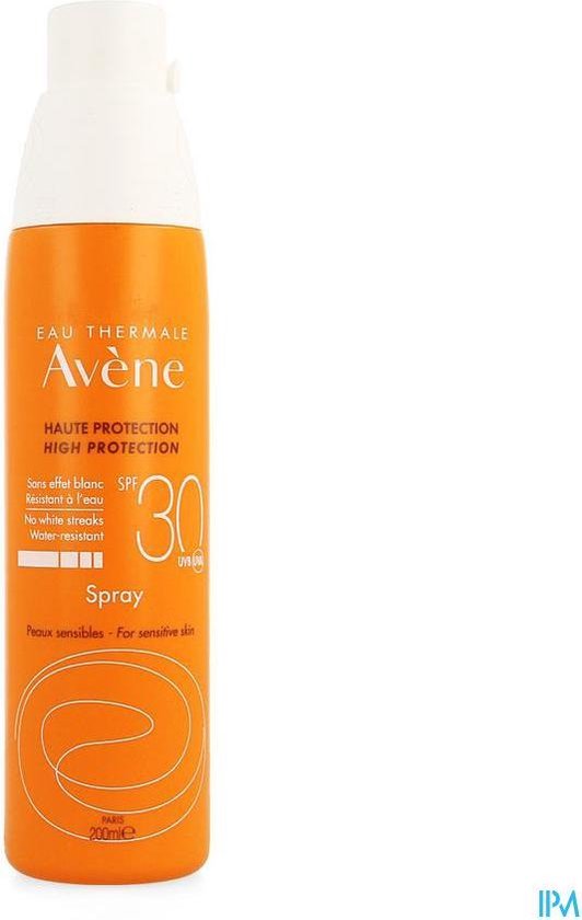 Oranje Avène spuitfles met 'HAUTE PROTECTION HIGH PROTECTION' en SPF 30.