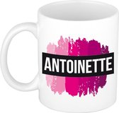 Antoinette  naam cadeau mok / beker met roze verfstrepen - Cadeau collega/ moederdag/ verjaardag of als persoonlijke mok werknemers