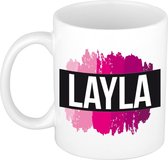 Layla  naam cadeau mok / beker met roze verfstrepen - Cadeau collega/ moederdag/ verjaardag of als persoonlijke mok werknemers