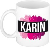Karin naam cadeau mok / beker met roze verfstrepen - Cadeau collega/ moederdag/ verjaardag of als persoonlijke mok werknemers