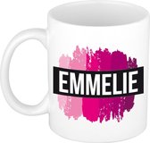 Emmelie  naam cadeau mok / beker met roze verfstrepen - Cadeau collega/ moederdag/ verjaardag of als persoonlijke mok werknemers