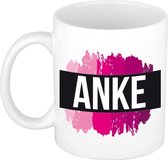 Anke  naam cadeau mok / beker met roze verfstrepen - Cadeau collega/ moederdag/ verjaardag of als persoonlijke mok werknemers