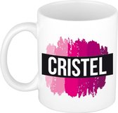Cristel  naam cadeau mok / beker met roze verfstrepen - Cadeau collega/ moederdag/ verjaardag of als persoonlijke mok werknemers