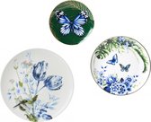 Wandbord - set van 3 - keramiek - Delfts blauw - botanisch - vlinders decoratie - muurdecoratie woonkamer - incl. ophangmateriaal - cadeau voor vrouw