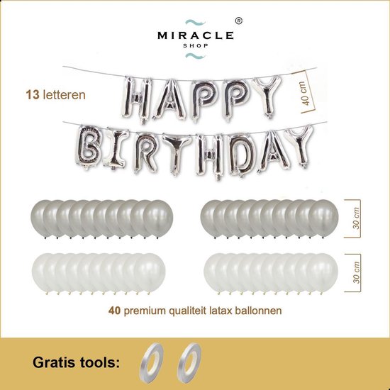 Verjaardag Ballonnen Mini Pakket 53 delig, Zilver-Wit, Premium Kwaliteit, Folie, Latex, Happy Birthday, Feest, Party, Set, Decoratie, Versiering, Miracle Shop