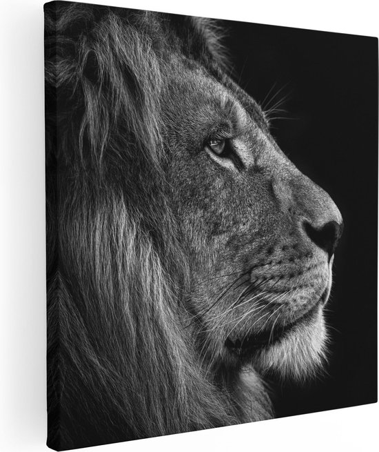 Artaza Canvas Schilderij Leeuw - Leeuwenkop - Zwart Wit - 80x80 - Groot - Foto Op Canvas - Canvas Print