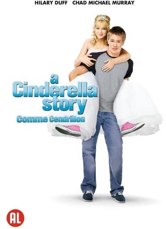 Chad Michael Murray draagt Hilary Duff op zijn rug. Tekst: a Cinderella Story, Comme Cendrillon.