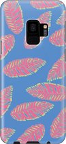Samsung Galaxy S9 Telefoonhoesje - Extra Stevig Hoesje - 2 lagen bescherming - Met Plantenprint - Tropische Blaadjes - Donkerblauw