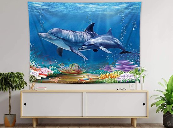 Ulticool - Dolphin Sea Coral Dolphins - Tapisserie - 200x150 cm - Groot tapisserie - Affiche