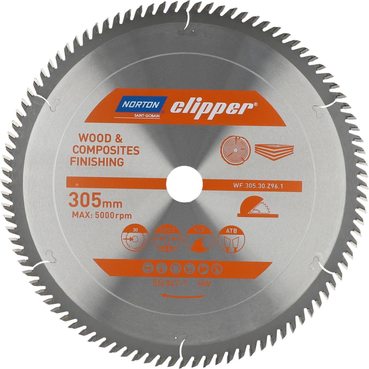 Norton Clipper Hout en Composiet - Zaagblad ATB Finishing - 305mm - 96 tanden - Voor Cirkelzagen en Afkortzagen