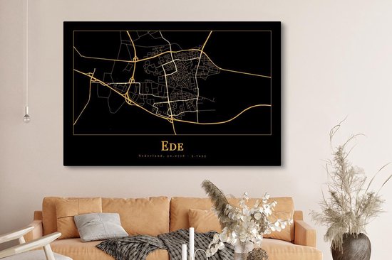 Toile Peinture Carte - Ede - Zwart - Or - 180x120 cm - Décoration murale XXL