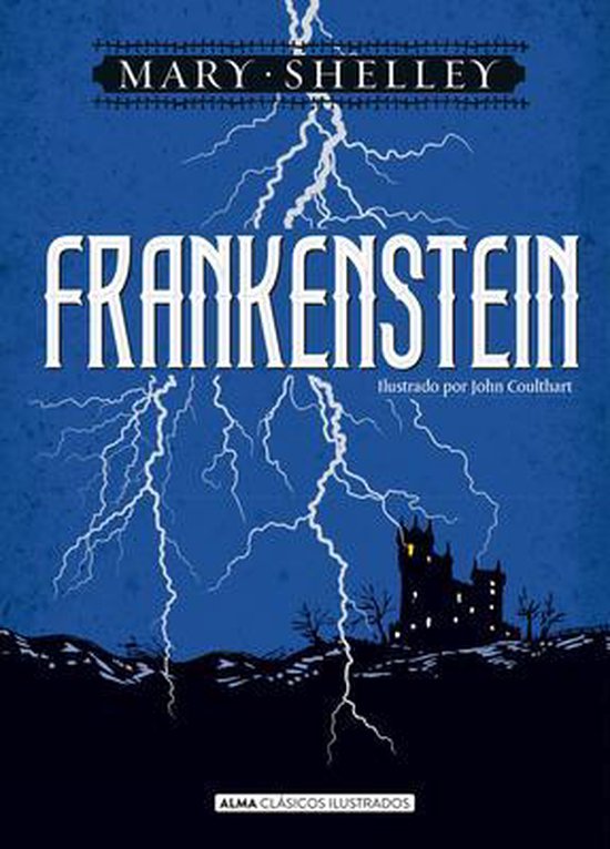 Boek "Frankenstein" van Mary Shelley met een illustratie van bliksem en een kasteel.