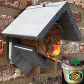 ✿BrenLux® Vogelvoerderplek – Vogelhuis met pindakaaspot - Vogel voederhuis in hout - Hang voederbak muur of boombevestiging – Voederplek voor vogels - Inclusief pindakaas met grane