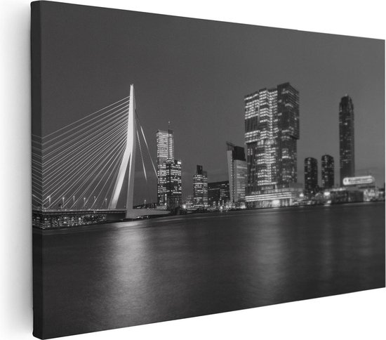 Artaza Canvas Schilderij Rotterdamse Skyline - Zwart Wit - 60x40 - Foto Op Canvas - Canvas Print