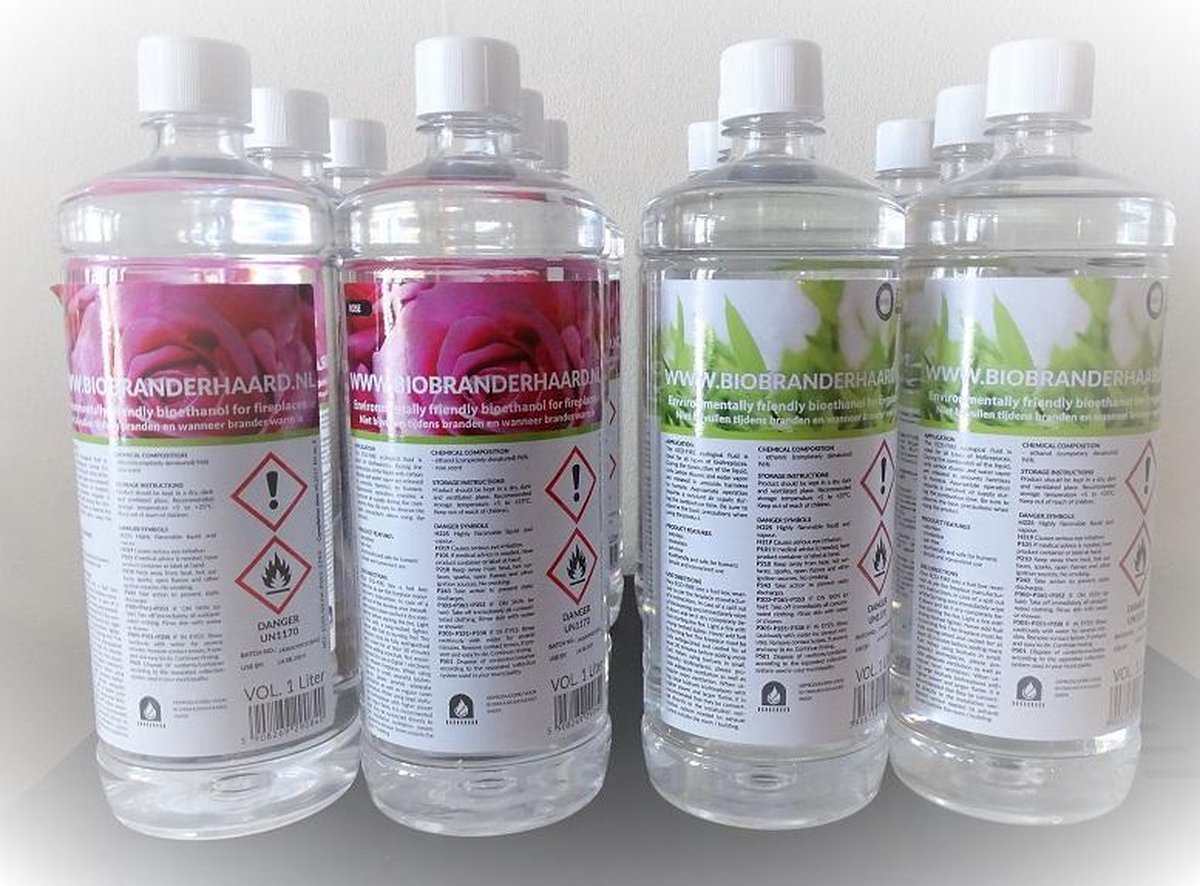 Biobranderhaard bol.com aanbieding| premium kwaliteit Bio ethanol| 12 flessen bio ethanol 6 flessen geurloos + 6 flessen rozengeur | voor sfeerhaarden | geurloos | milieuvriendelijk | premium kwaliteit| bio ethanolhaard vulling | sfeerhaardvulling