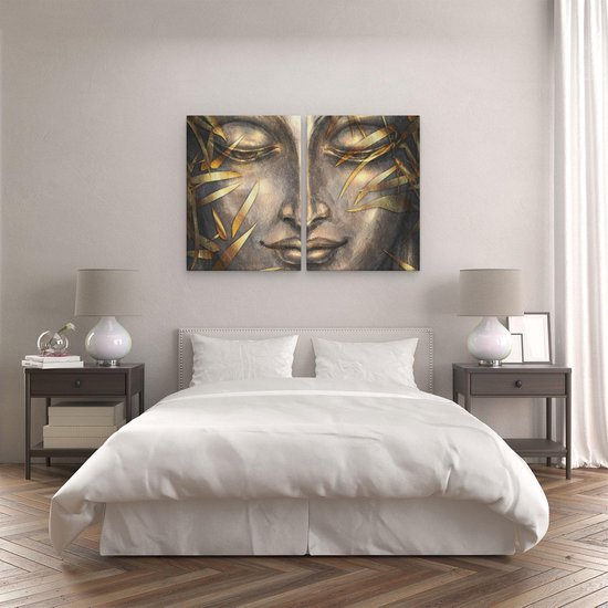 Artaza - Diptyque de peinture sur toile - Statue de Bouddha avec des feuilles d'or - 120x80 - Photo sur toile - Impression sur toile
