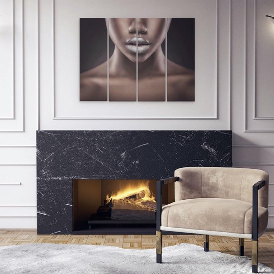 Artaza Toile Peinture Quadrutyque Argent Lèvres d'une Femme Africaine - 80x60 - Tableau sur Toile - Impression sur Toile