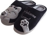 Geweo Home Sloffen - Open Sloffen - Koraal Fleece Pantoffels Dames - Leuk Katje - Zwart - Maat 37/38