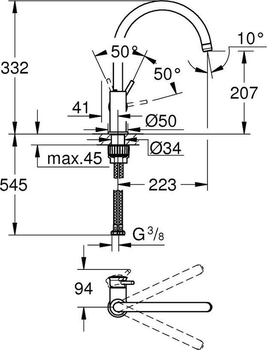 Technische tekening met afmetingen van een zilverkleurige keukenkraan met hoge, gebogen uitloop.