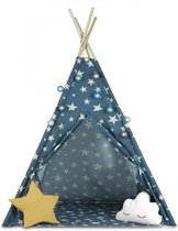 Wigwam Speeltent kinderen – Tipi Tent met raam - Blauw - 120x120x165cm – inclusief gratis Verlichting, Vloerkleed en 2 Kussens