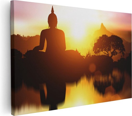 Artaza Canvas Schilderij Silhouet Van Boeddha Beeld Met Zonsondergang - 30x20 - Klein - Foto Op Canvas - Canvas Print