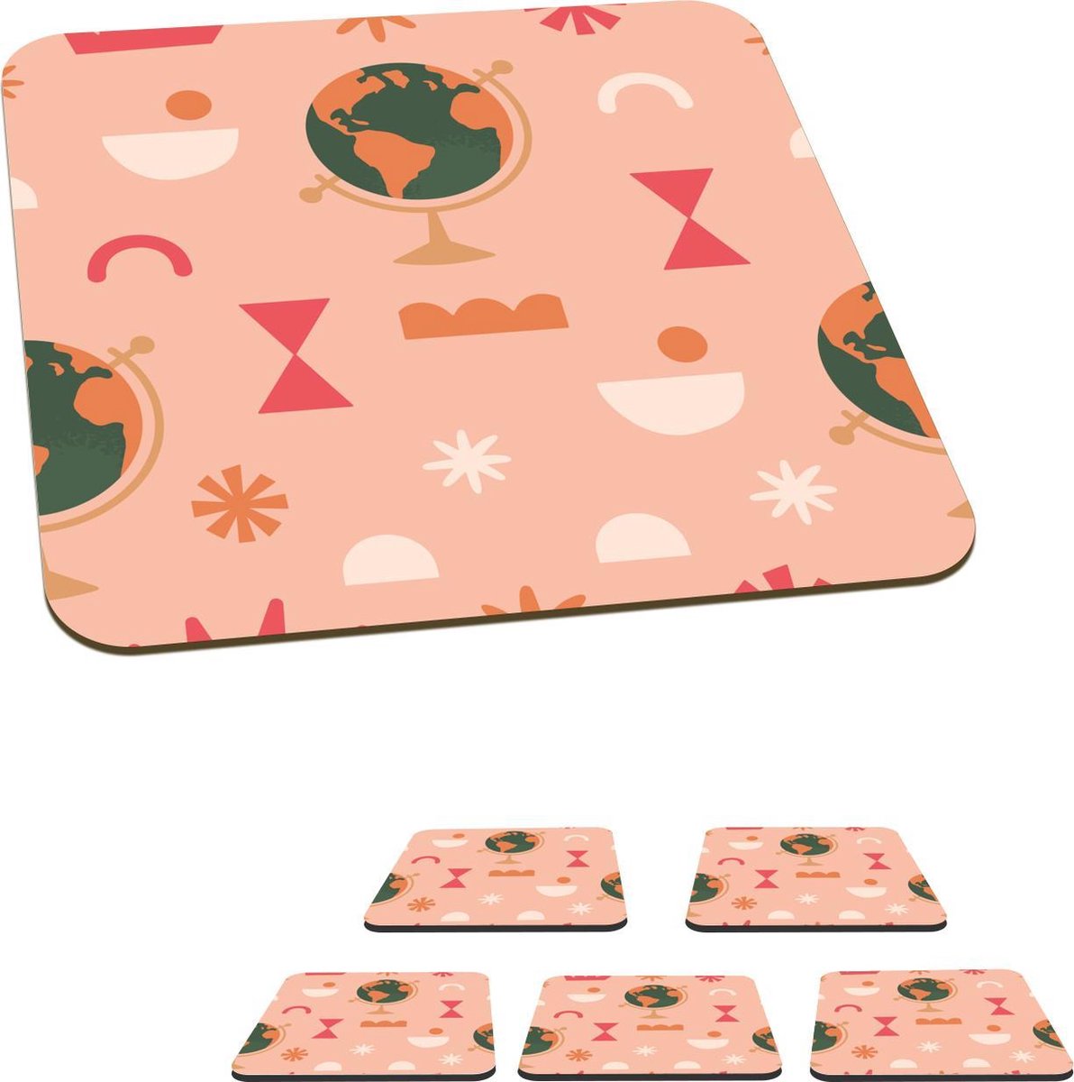 Onderzetters voor glazen - Globe - Roze - Figuren - Abstract - 10x10 cm - Glasonderzetters - 6 stuks