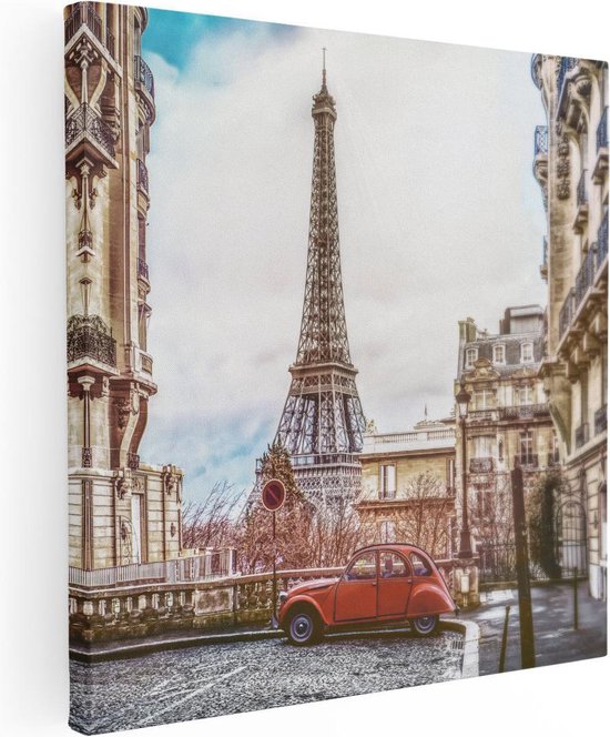 Artaza Canvas Schilderij Eiffeltoren In Parijs Met Een Rode Kever Auto - 70x70 - Foto Op Canvas - Canvas Print