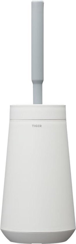 Brosse WC blanche avec support conique et manche gris, logo 'Tiger'.