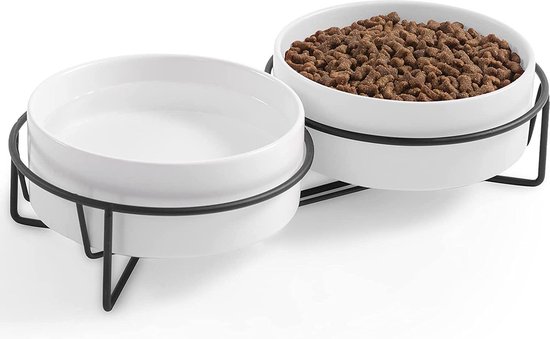 GIZMO Voerbak Kat Dubbel - Wit - 2 Keramische Drink- & Voerbakken met Standaard - Drinkbak - 13CM - 400ML