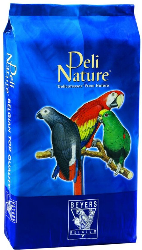 Blauwe zak Deli Nature 'Delicatenessen Van de Natuur' met een afbeelding van drie papegaaien.