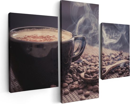 Artaza Toile Peinture Triptyque Tasse De Café Chaud Avec Des Grains De Grains de café - 90x60 - Photo Sur Toile - Impression Sur Toile