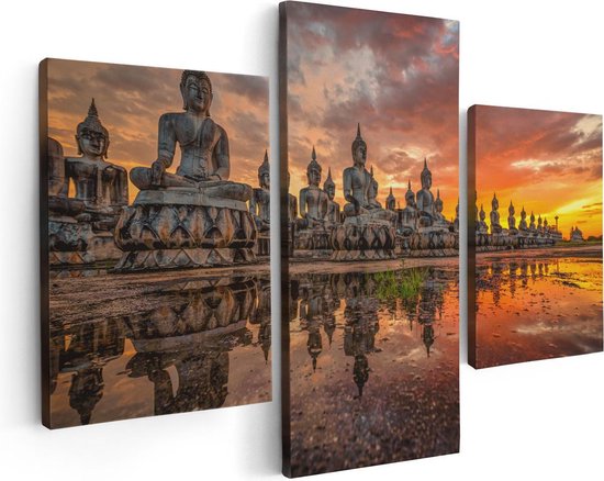 Artaza Canvas Schilderij Drieluik Boeddha Beelden Tijdens Zonsondergang - 90x60 - Foto Op Canvas - Canvas Print