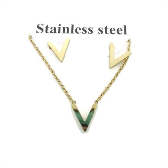 Aramat jewels ® - Sieradenset oorbellen en ketting v bar goudkleurig dames 47cm