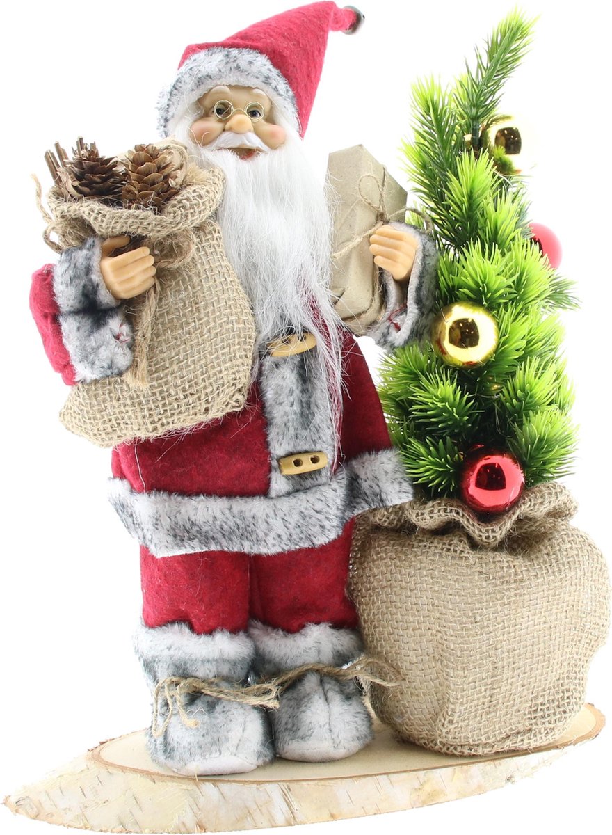 Kerstman staand naast grijze-rode kerstboom, luxe afwerking, 30cm hoog.