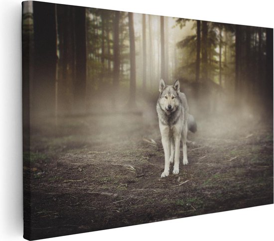 Artaza Canvas Schilderij Grijze Wolf In Het Bos - 120x80 - Groot - Foto Op Canvas - Wanddecoratie Woonkamer