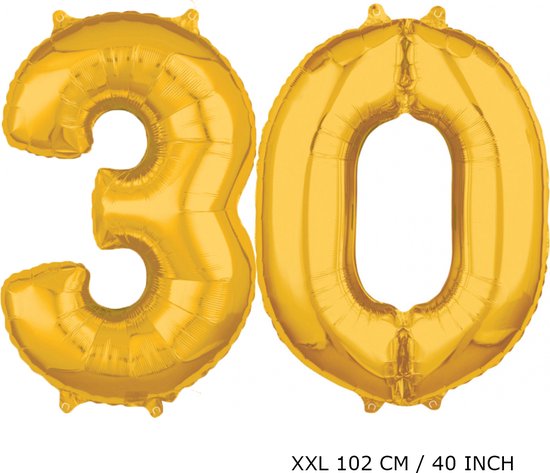 Mega grote XXL gouden folie ballon cijfer 30 jaar.  leeftijd verjaardag 30 jaar. 102 cm 40 inch. Met rietje om ballonnen mee op te blazen.